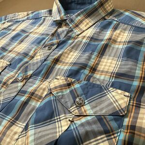 Kuhl Eluxor Shirt Large Blue Plaid Short Sleeve Snap Front Casual Outdoor Hike